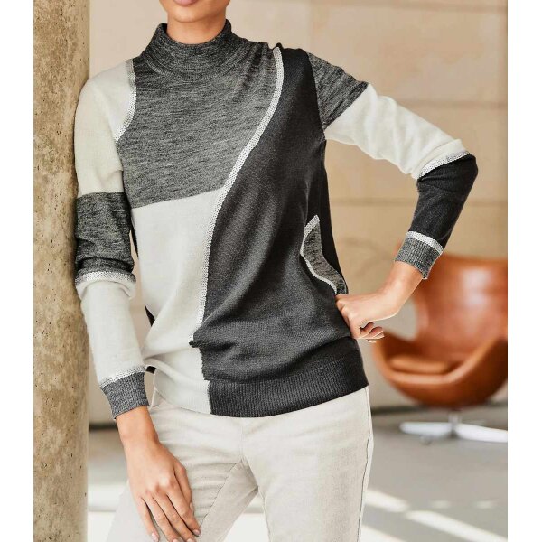 Designer-Wollpullover m. Pailletten, grau-ecru