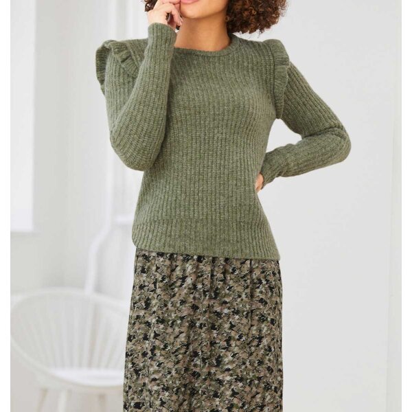 Sweter ściągaczowy z falbankami, khaki
