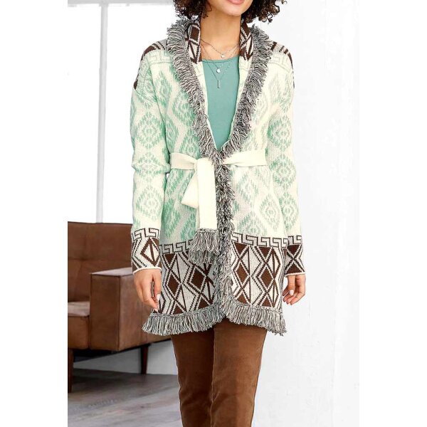 Designer-Strickjacke, braun-kalkmint-ecru