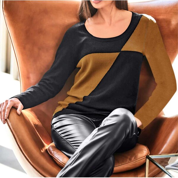 Designer-Pullover m. Kaschmir, schwarz-cognac