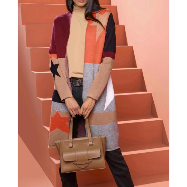 Designer-Jacquard-Strickjacke, dunkelrot-camel