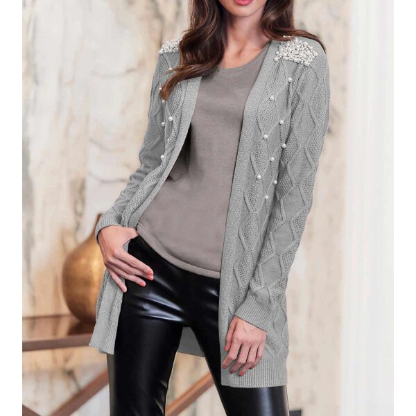Designer-Longstrickjacke m. Perlen, grau