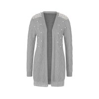 Designer-Longstrickjacke m. Perlen, grau