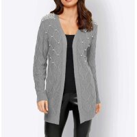 Designer-Longstrickjacke m. Perlen, grau