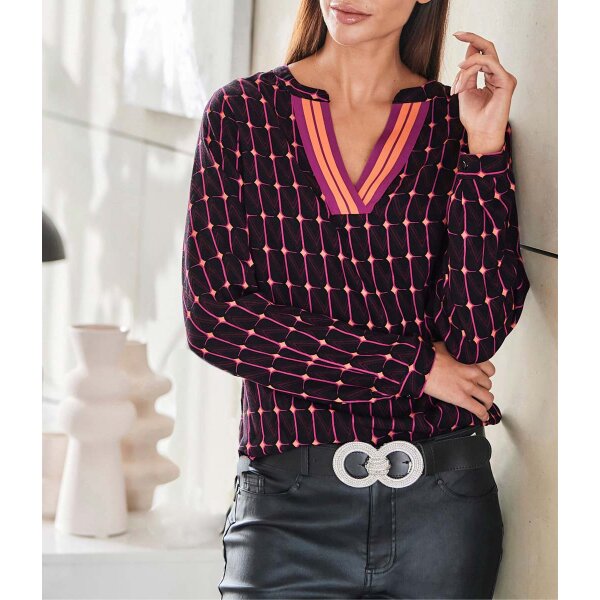 Designer-Druckbluse, schwarz-magenta-orange