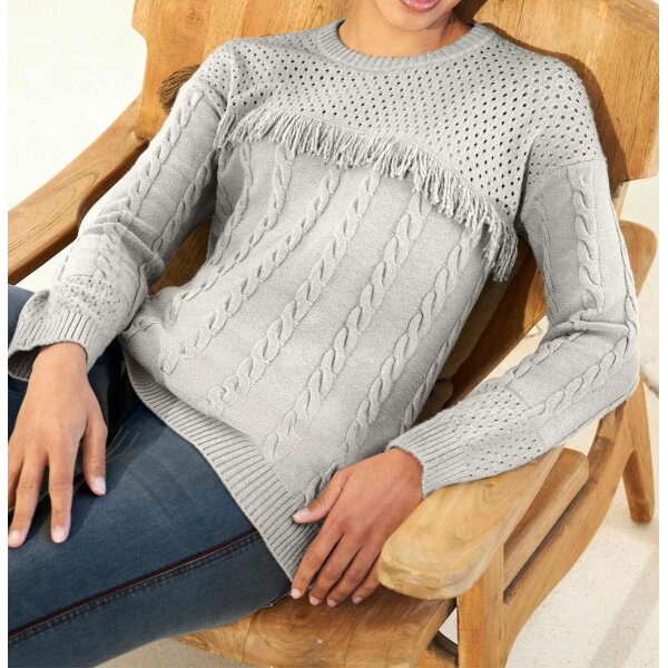 Designer-Kuschel-Pullover m. Zopfmuster, hellgrau