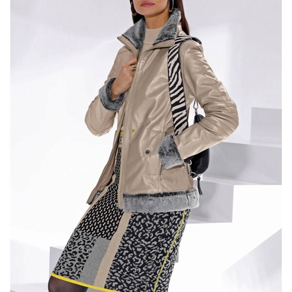 Lammnappa-Lederjacke m. Pelzimitat-Besatz, beige