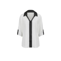 Langarmbluse mit Lederimitat-Details, ecru-schwarz