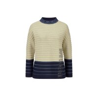 Sweter ze stójką i paskami, granatowo-piaskowy