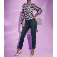 Crêpe-Druckbluse, schwarz-flieder