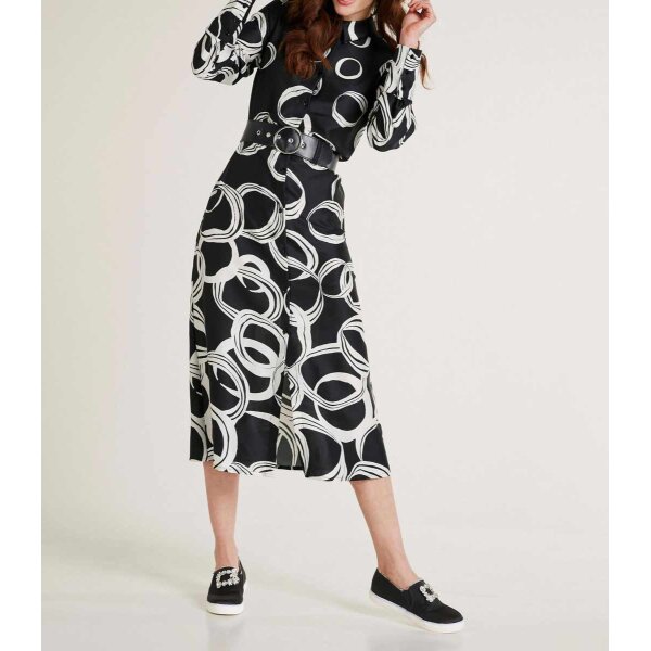 Print dress with belt, black-white