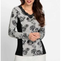 Druckshirt m. Spitzenbesatz, schwarz-ecru