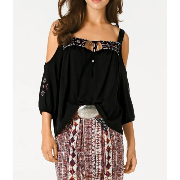 Designer-Carmenshirt m. Stickerei, schwarz