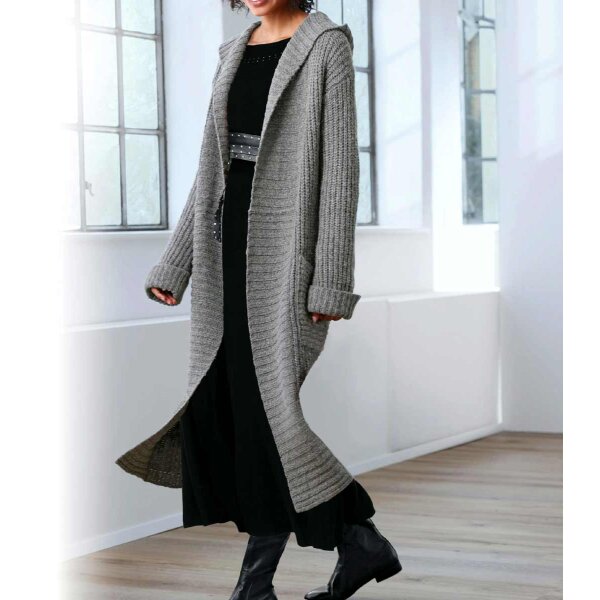 Designer-Wollstrickmantel, grau-melange