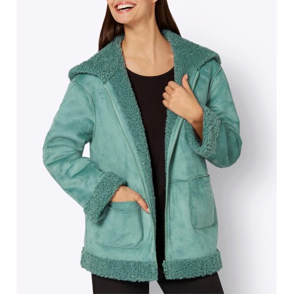 Leather imitation reversible jacket with teddy fur, jade