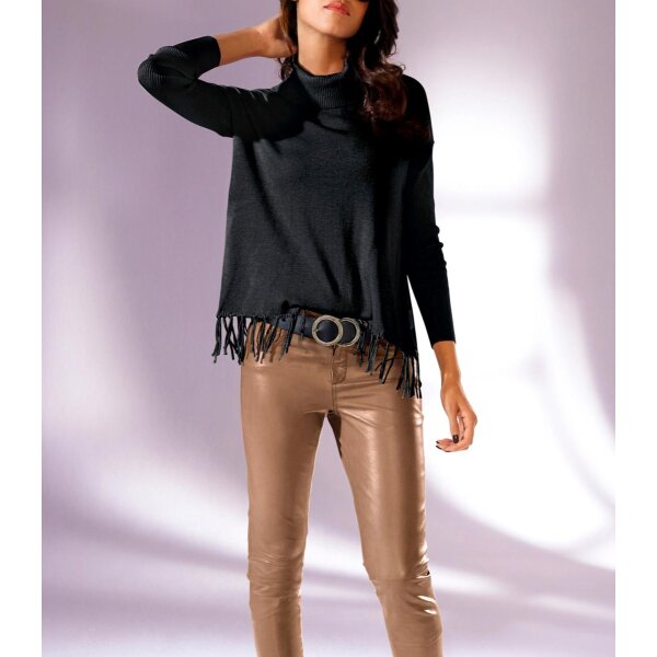 Turtleneck sweater with fringes, black