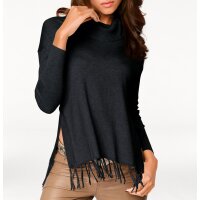Turtleneck sweater with fringes, black