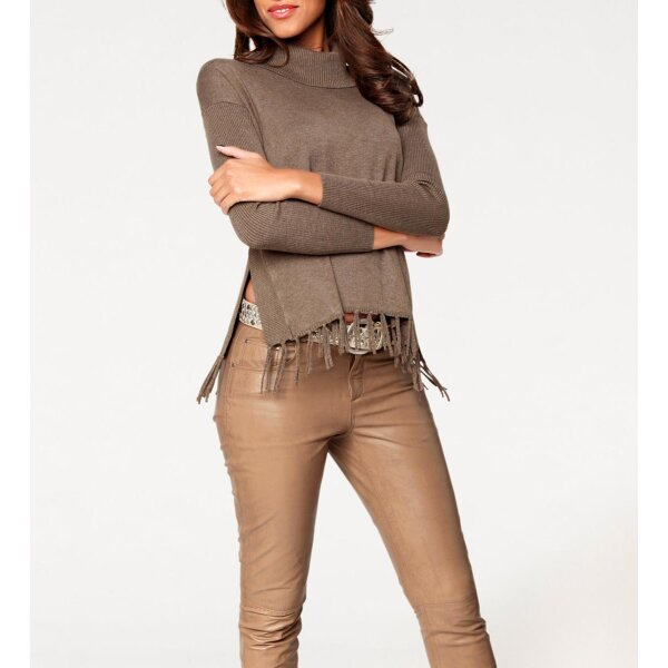 Turtleneck sweater with fringes, brown