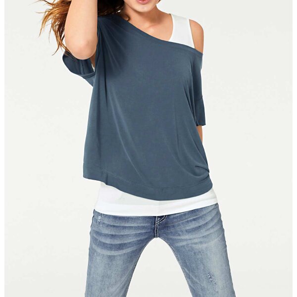 Designer shirt and top, blue-ecru