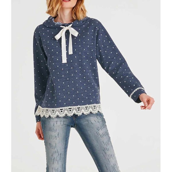 Sweatshirt m. Spitze, jeansblau-ecru