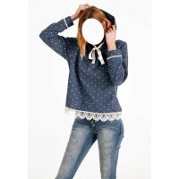 Sweatshirt m. Spitze, jeansblau-ecru