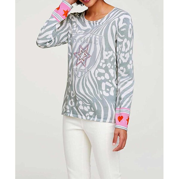 Designer-Druckpullover m. Strass, bunt