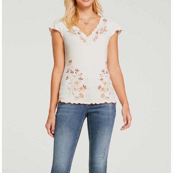 Designer-Rippenshirt m. Blüten-Print, champagner