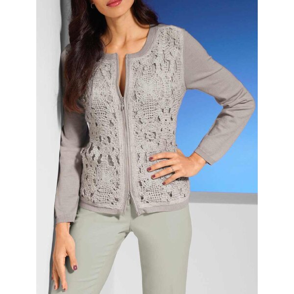 Designer-Strickjacke m. Kurbelstickerei, h.grau