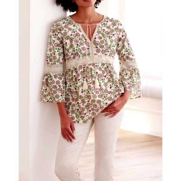 Print blouse with lace, multicolour
