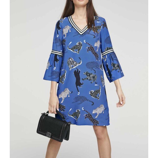 Druckkleid m. Volants, blau-bunt