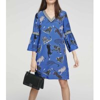 Druckkleid m. Volants, blau-bunt