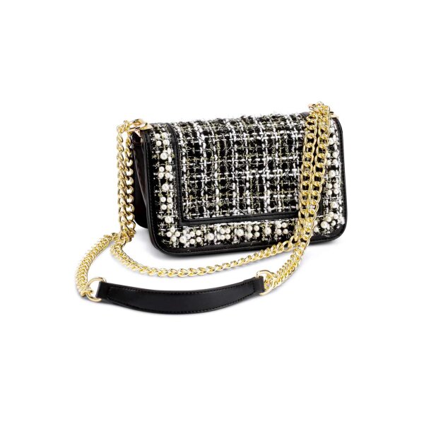 Tasche m. Perlen, schwarz-weiß-gold