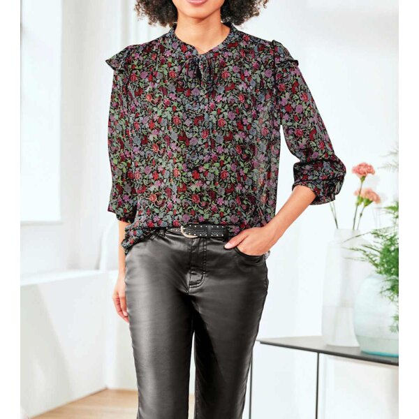 Print blouse with flounces, black-multicolour