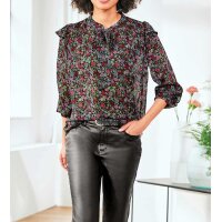 Designer-Druckbluse m.Volants, schwarz-bunt