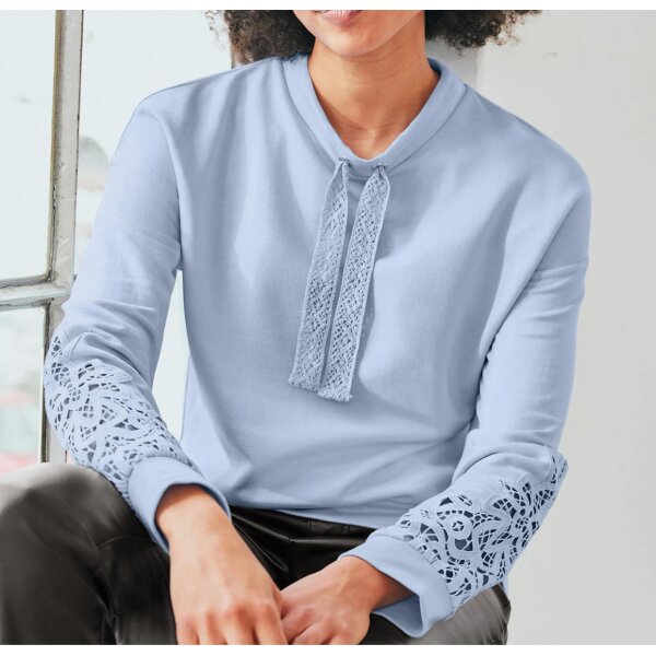 Designer-Sweatshirt m. Spitzeneinsatz, eisblau