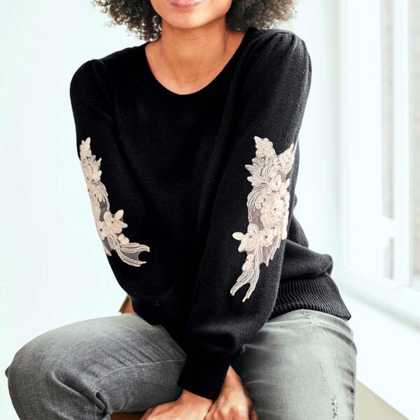 Designer-Pullover m. Spitze, schwarz