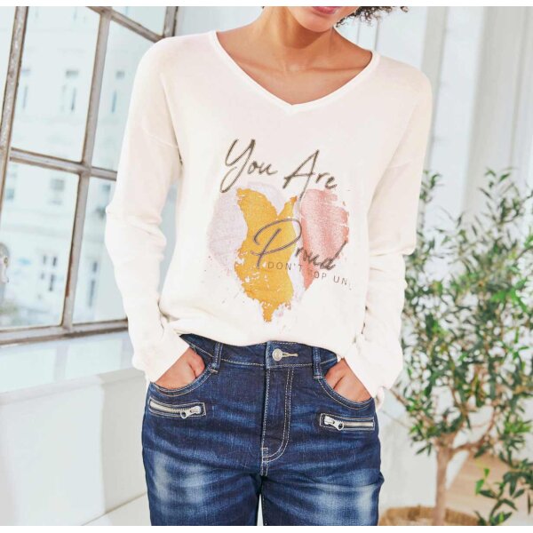 Designer-Pullover m.Folien-Druck, ecru