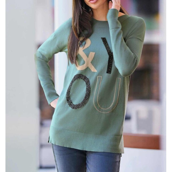 Designer-Pullover m. Applikation, jade