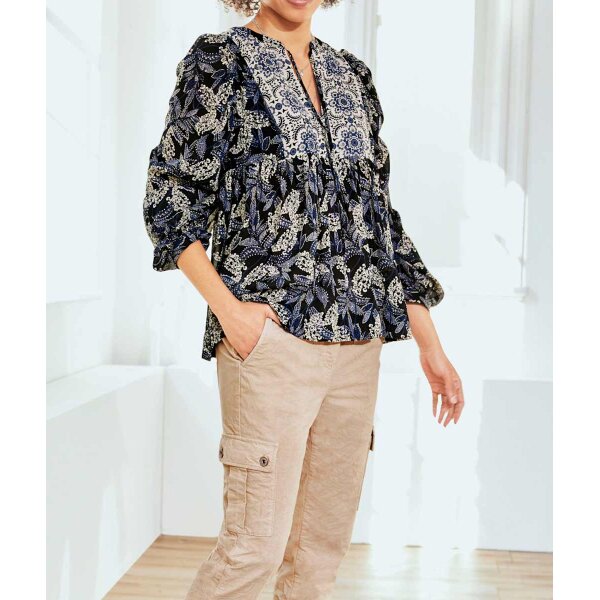 Designer-Druckbluse, schwarz-rauchblau