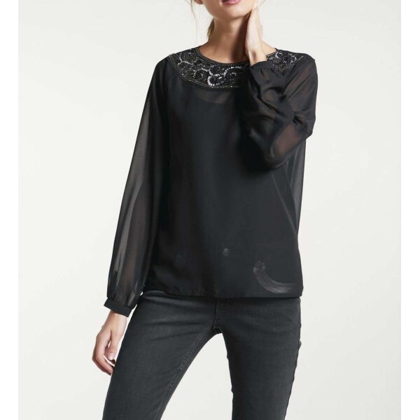 Chiffonbluse m. Perlen-Stickerei, schwarz