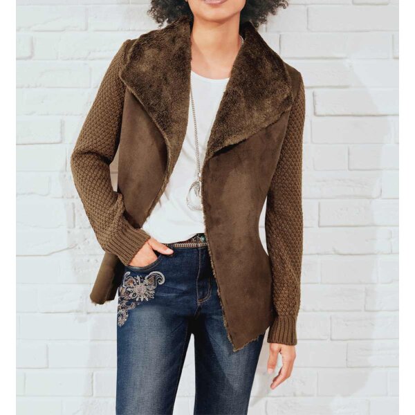 Cardigan with lamb fur imitation, brown