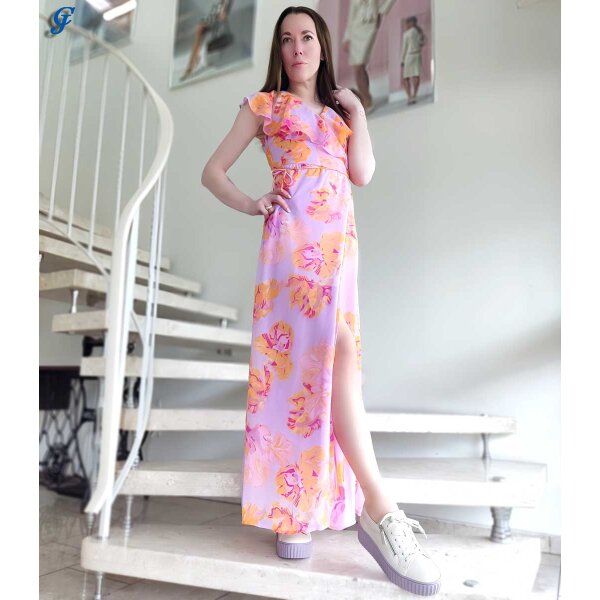 Marken-Maxi-Wickelkleid, flieder/orange/blutrot