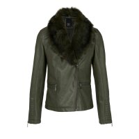 Leather imitation jacket with weave fur collar, olive