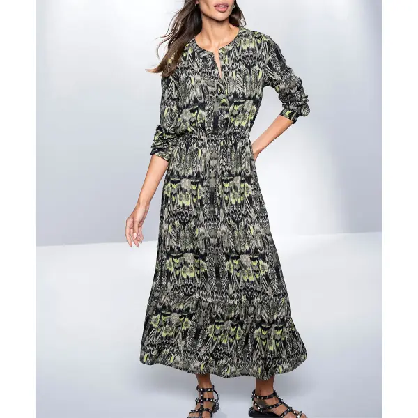 Druckkleid mit Tunnelzug, khaki-schwarz