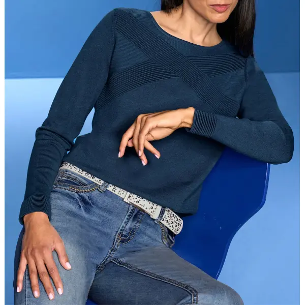 Designerski sweter z teksturowanym wzorem w paski, ciemnoniebieski