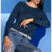 Designer-Pullover mit Struktur-Streifenmuster, dunkelblau
