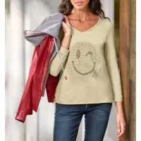 Langarmshirt mit Schmucksteinchen, beige
