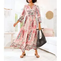Druckkleid mit Volants, ecru-rosenquarz