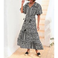 Druckkleid m. Volant, schwarz-beige