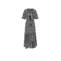 Druckkleid m. Volant, schwarz-beige